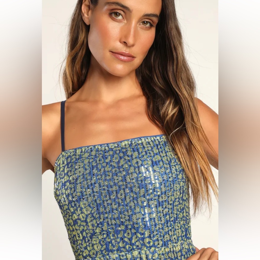 NEW w/ tags - Lulus Blue Leopard Print Sequin Bodycon Mini Dress - Size XS - Picture 5 of 6